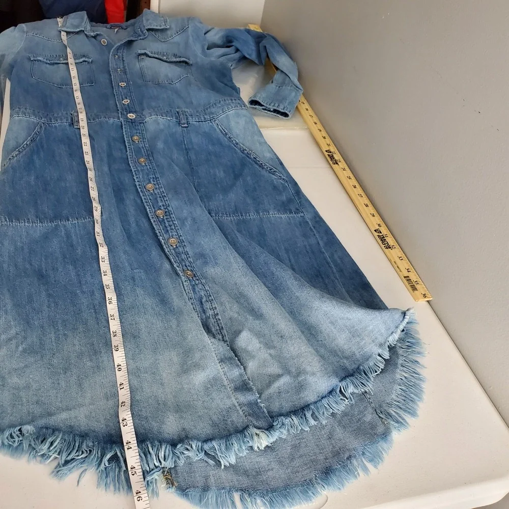 Free People Blue Denim Cotton Linen Button Front Midi Shirt Dress Medium Western - Picture 5 of 13